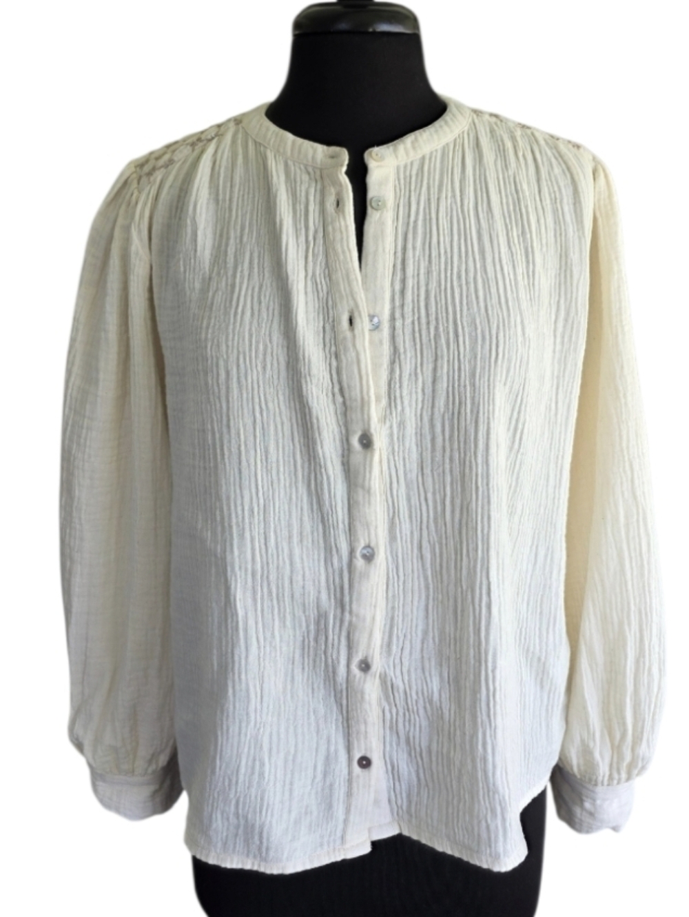 Labyrinth Pink Lemons Cotton Embroidered Cream Crinkle Button-Front Blouse